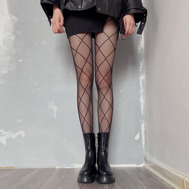 thumbnail image 2 of Medias transparentes con estampado de malla para mujer: medias de cintura alta con pies, tejido elástico de poliéster, talla única, 2 of 4